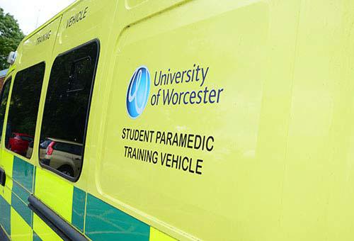 An ambulance used on our nursing degree with the words Student Paramedic Training Vehicle written on the side.
