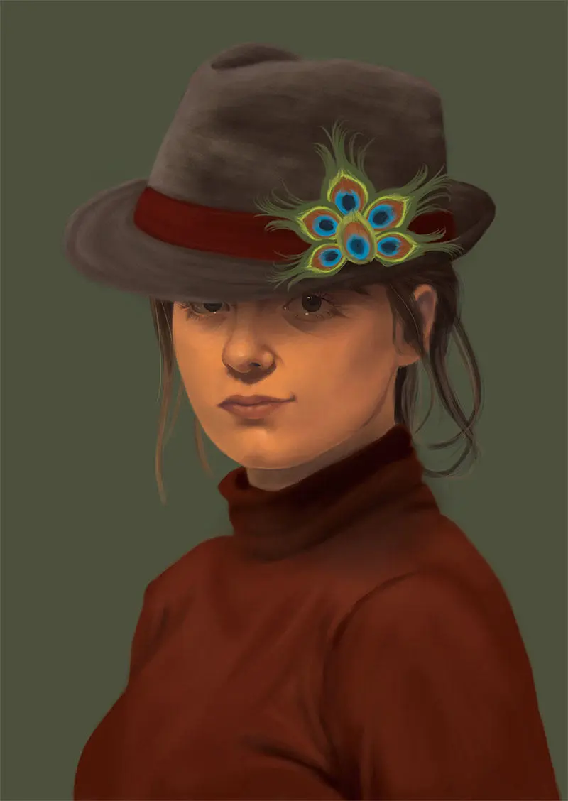 A lady wearing a feathered hat