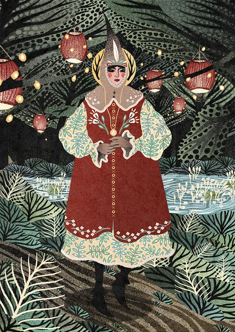 A Russian dressed lady in a wood