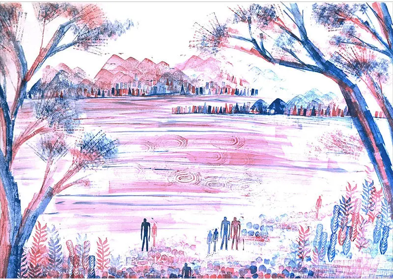 A drawing of people and trees