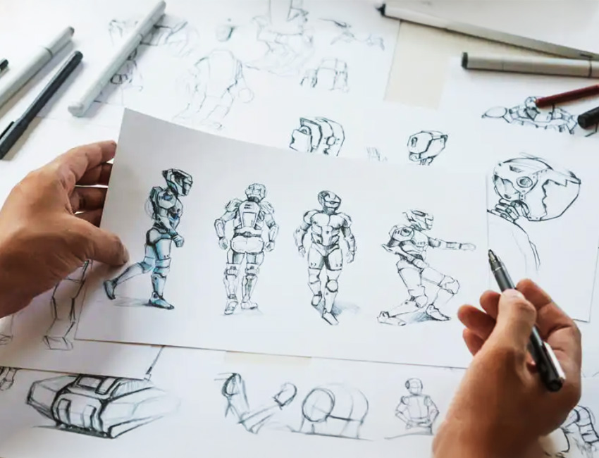 Character concept sketches in pencil