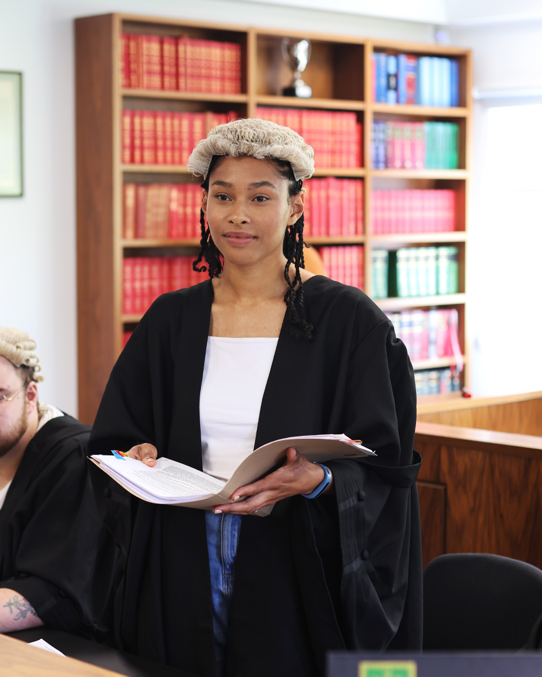 A Law student in the mock courtroom
