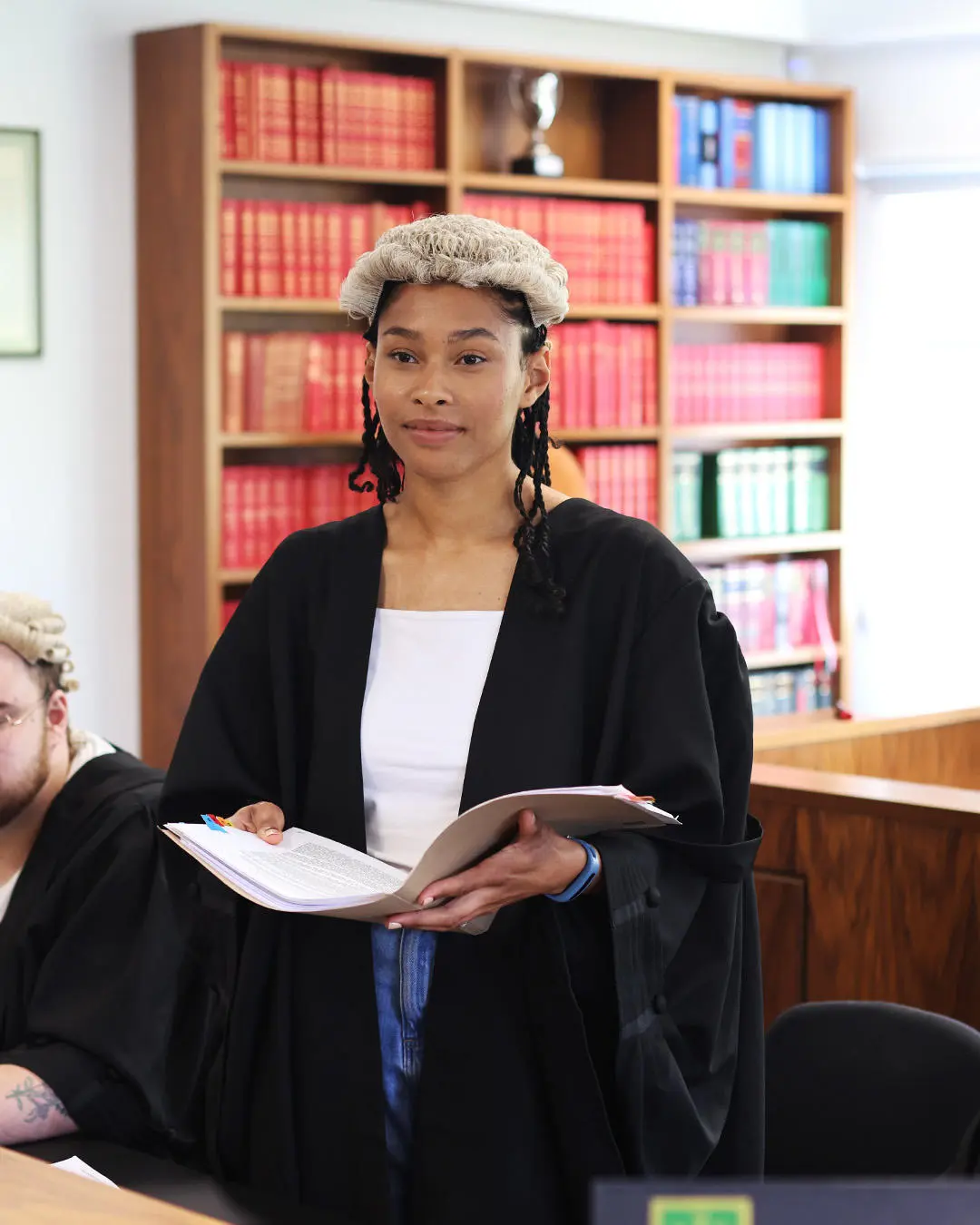 A Law student in the mock courtroom