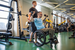 Man in wheelchair working with hand weights in a gym with his personal trainer