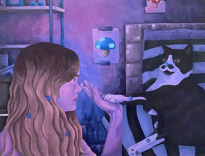 Student work - A girl hi-fiving a black and white cat led in a bed
