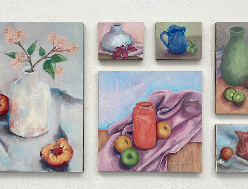 Student work- illustrations of food, vases and jugs on a table