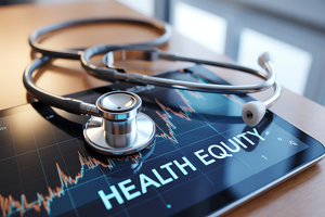 A stethoscope on top of a tablet that has the words Health Equity on the screen.
