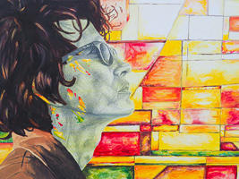 A up close shot of a picture of Cate Blancett playing Bob Dylan by Lizzie Hodges