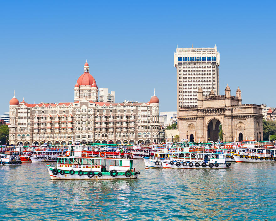 Colourful boats at a dock in the Maharashtra region of India