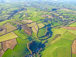 Arial shot of fields in a rural landscape