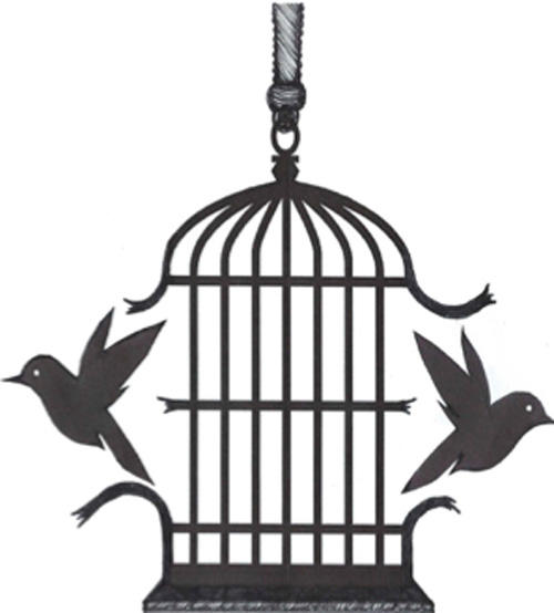 An outline image of two birds breaking out of a cage