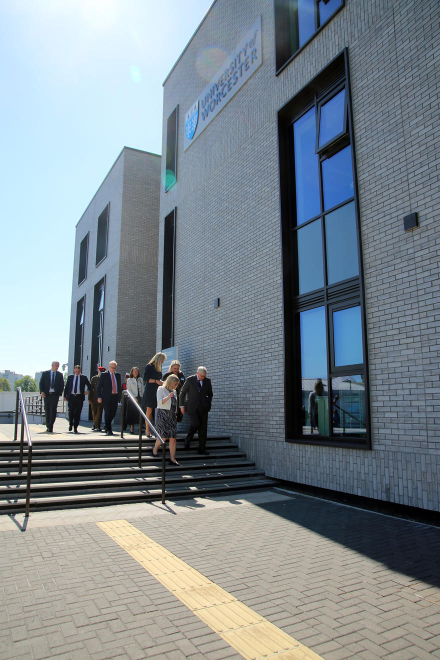 The Duke of Gloucester on the steps of the new Duke's Building
