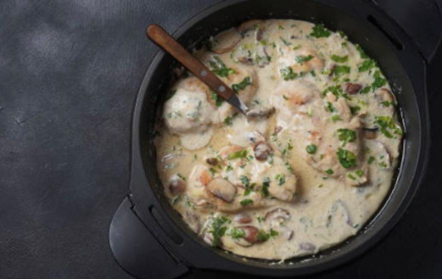 Chicken and mushroom soup in a bowl