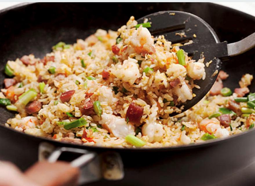 Egg fried rice in a frying pan