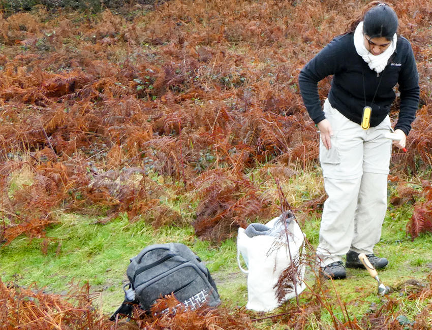 Student stood in a field holding a themometer, measuring temperature