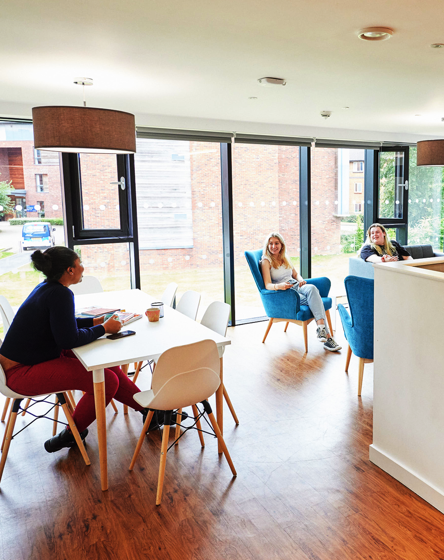 Students talking in communal living space in university accommodation