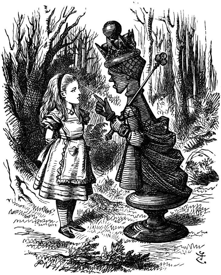 An illustration from Through the Looking Glass, showing Alice talking to the Red Queen