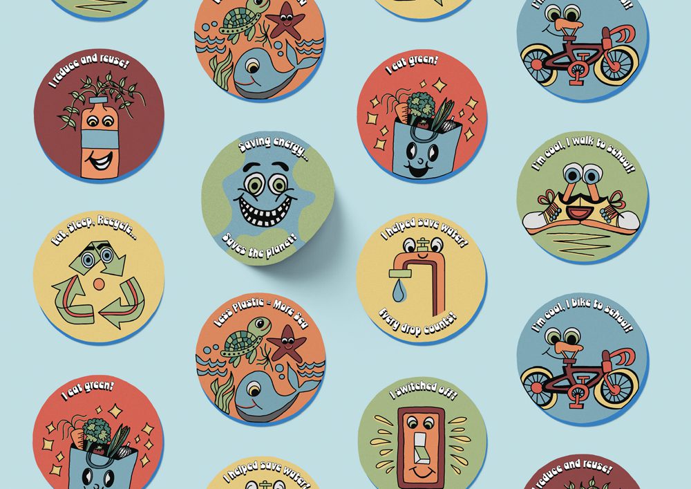 Circular badges with cartoon faces promoting eco-friendly habits