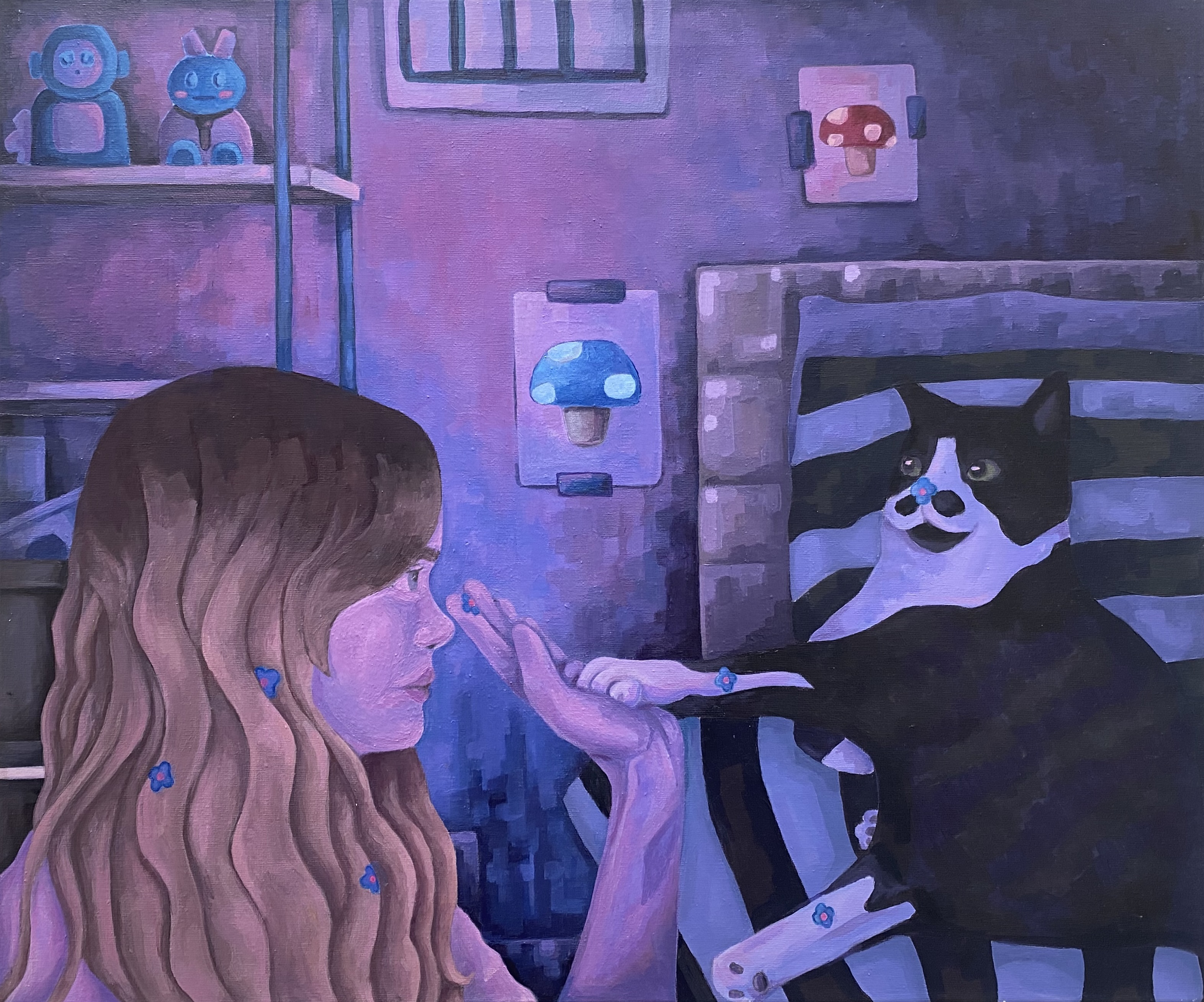 Artwork of a girl holding a hand up to a cat lounging on a bed