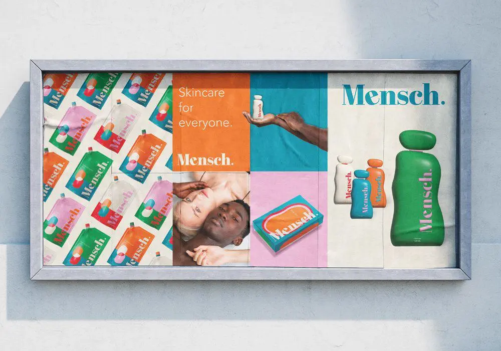 Colourful Mensch skincare product packaging displayed in a grid layout