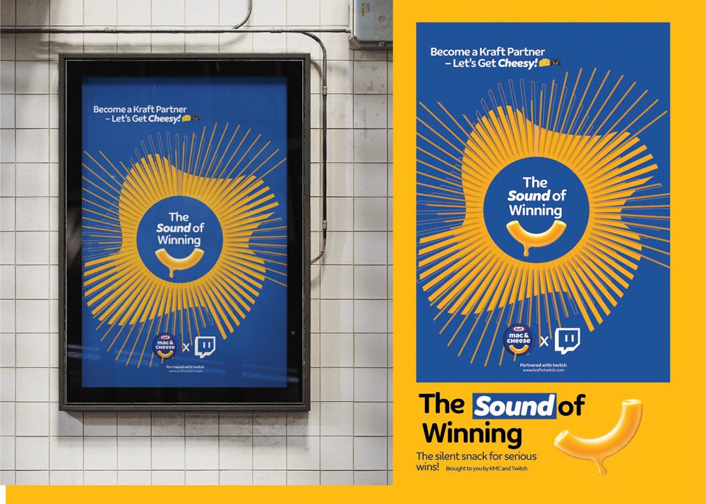 Blue and yellow poster promoting Kraft Mac & Cheese partnership with Twitch
