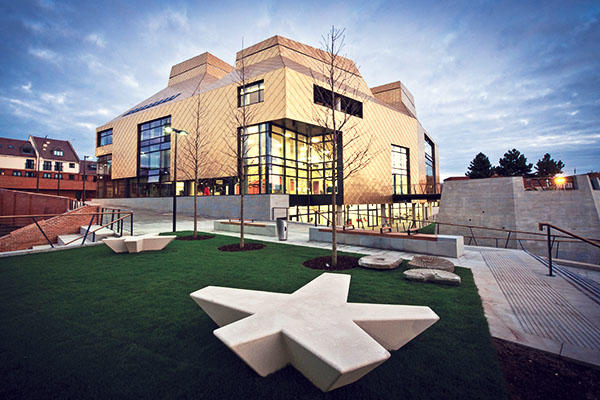 Shot of the Hive library with cloudy blue sky