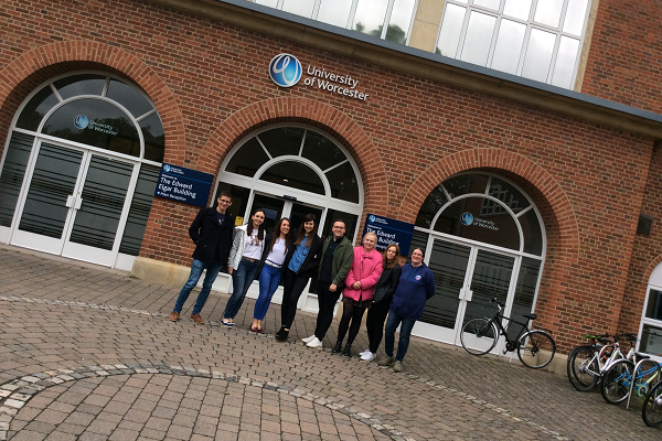 PGCE Design and Technology (food) students outside University of Worcester main reception