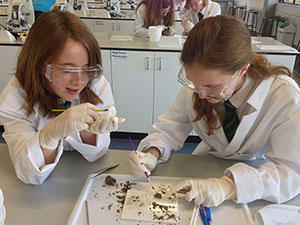 PGCE trainees wearing white coats and goggles doing practical work in laboratory