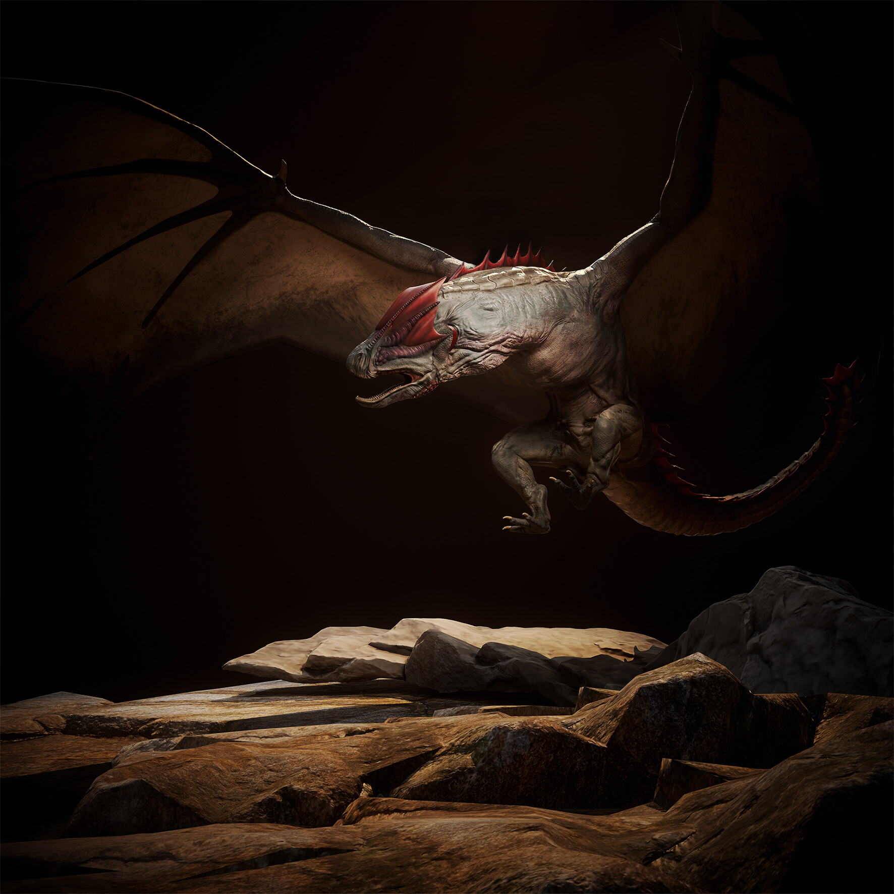 A render of a large winged wyvern, a mythical beast similar to a dragon