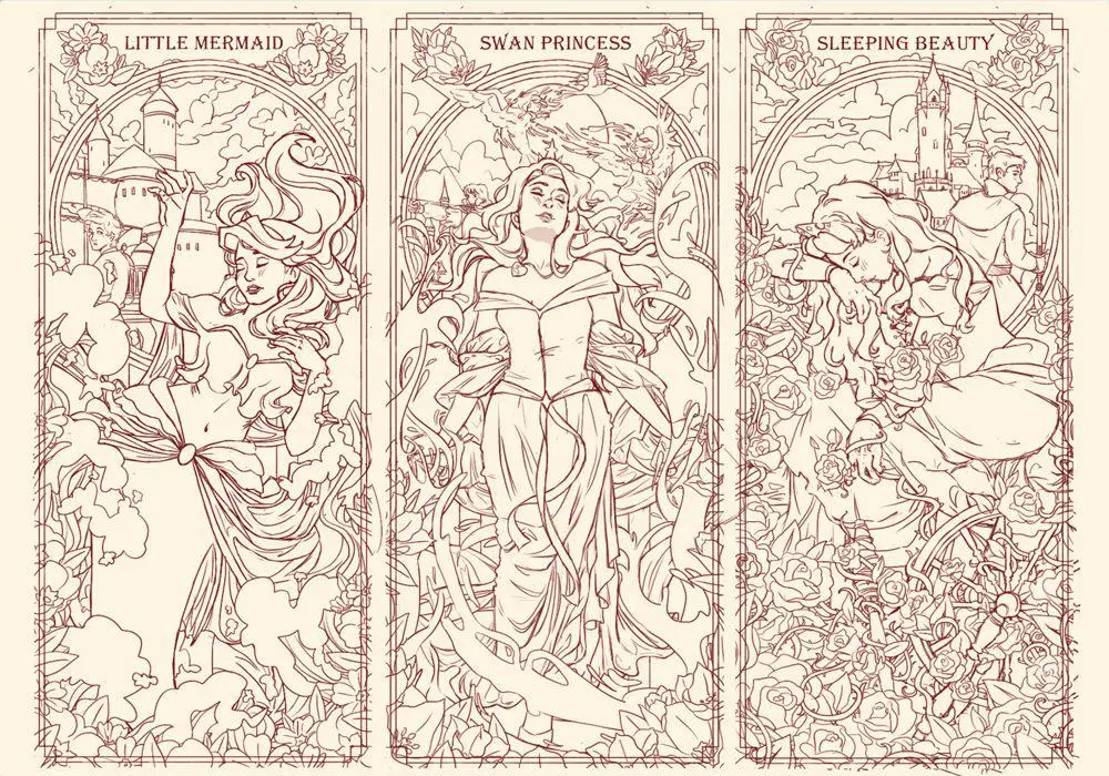 Intricate line art depicting three classic fairy tale scenes: Little Mermaid, Swan Princess, and Sleeping Beauty