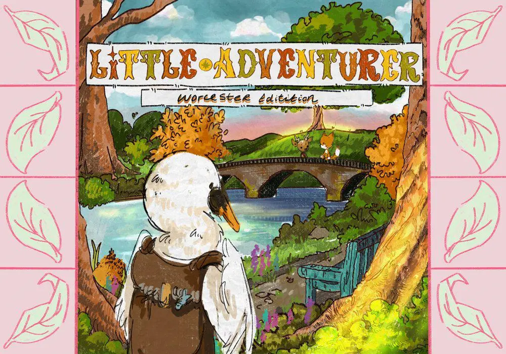 An illustration of a swan wearing a brown backpack looks toward a colourful autumn landscape.