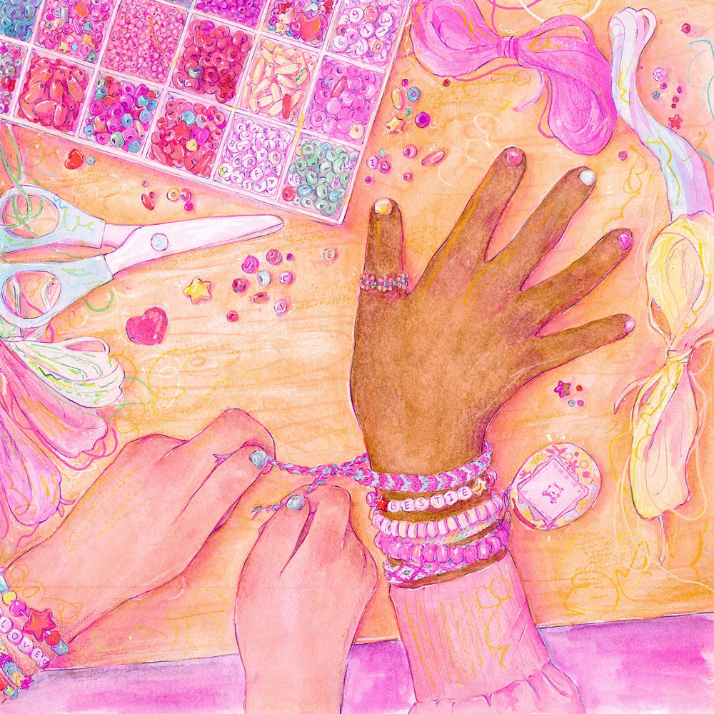 An illustration of two hands crafting friendship bracelets.