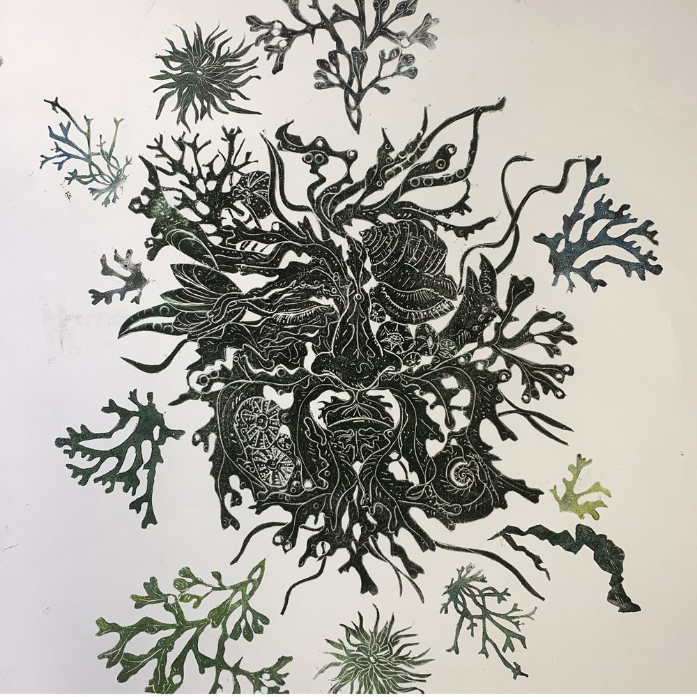 Intricate black and green seaweed and coral patterns arranged in a circular, organic design on a white background.