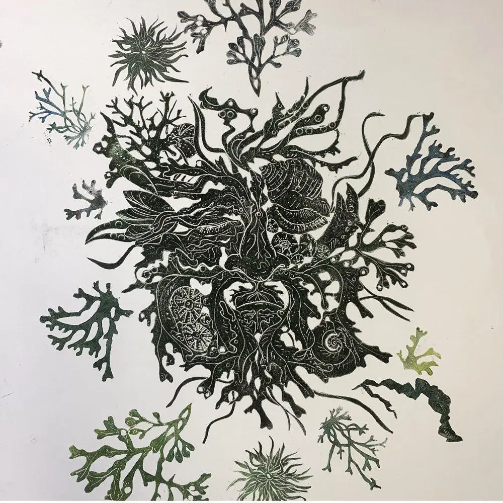 Intricate black and green seaweed and coral patterns arranged in a circular, organic design on a white background.