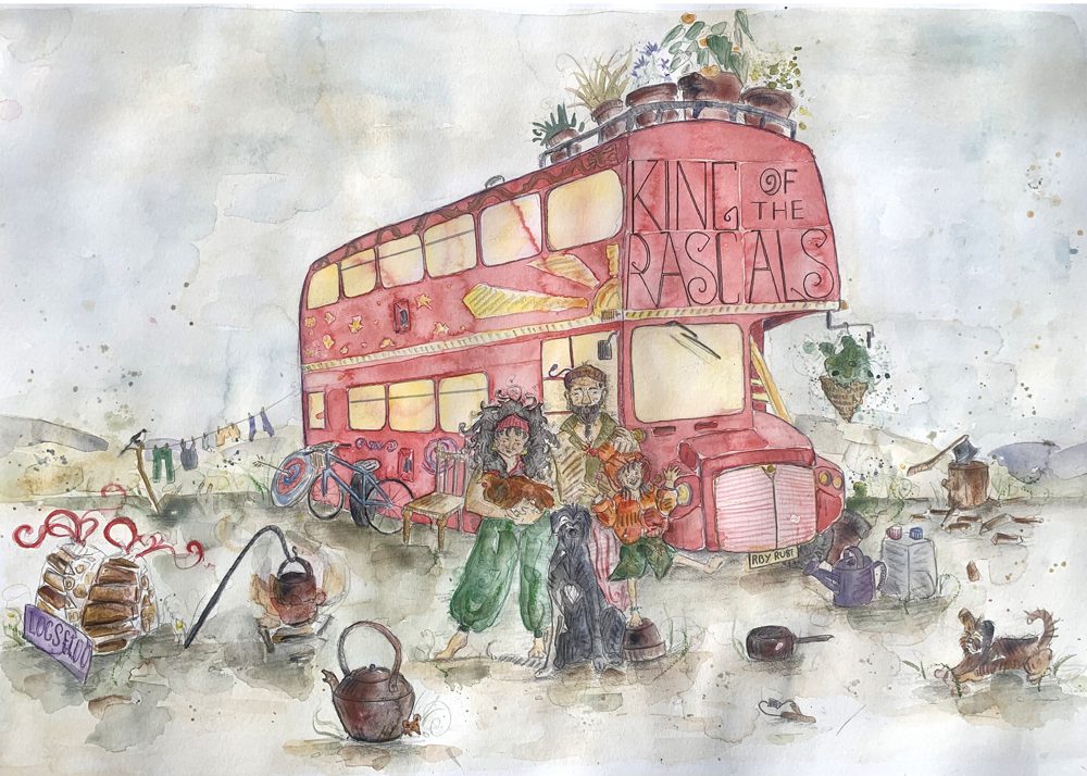 Watercolor illustration of a red double-decker bus labeled 'King of the Rastals' surrounded by two people and a dog.