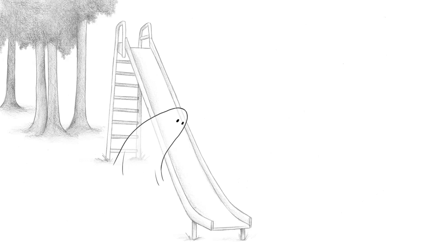 Animation showing a ghost passing through various settings with a plastic bag as a friend