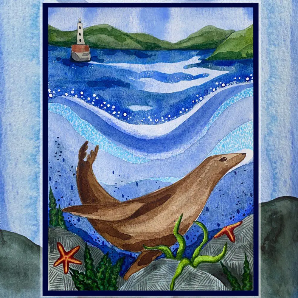 A watercolour postcard of a seal swimming underwater with the coast and a lighthouse in the background