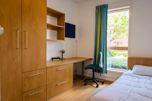 inside a bedroom with bed wardrobe and window