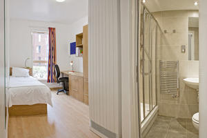 inside a student bedroom and bathroom