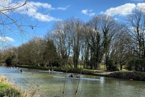 image of a river with trees blue skies and rowing boats on the river