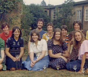 A group of students sat in a garden on campus in 1976