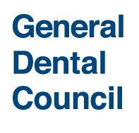 general dental council written in blue on a white background
