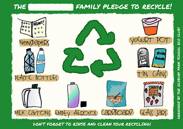 A poster demonstrating what can be recycled, designed by University of Worcester Creative Media students, using drawings done by pupils