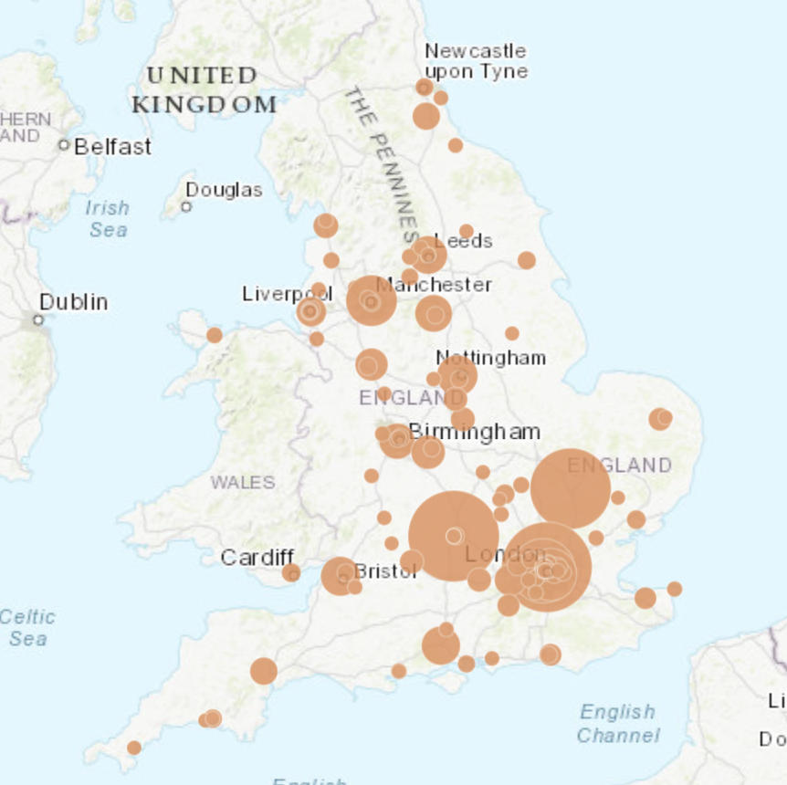 Map showing the distribution of funding across England by increasing QR Research grants