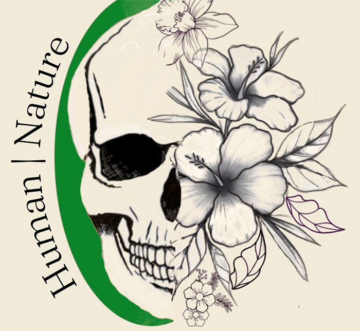 an illustration of a skull and some flowers with the words "Human/Nature" around it