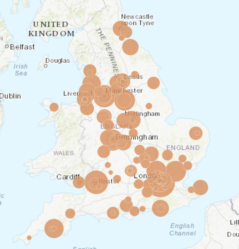 Map showing the distribution of funding for universities and communities across England under Rebuilding Britain proposal