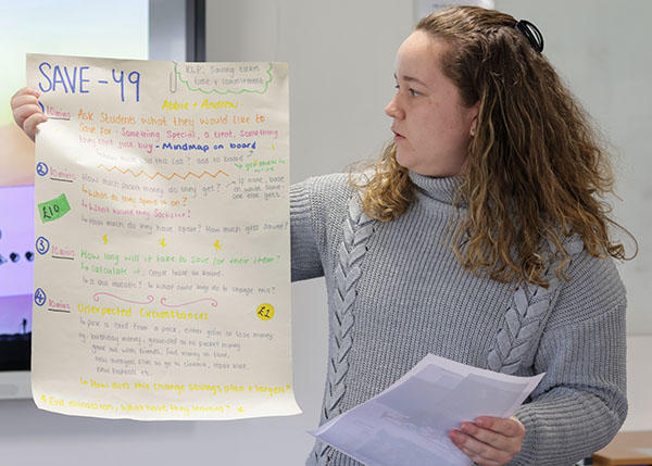 A girl is holding a poster