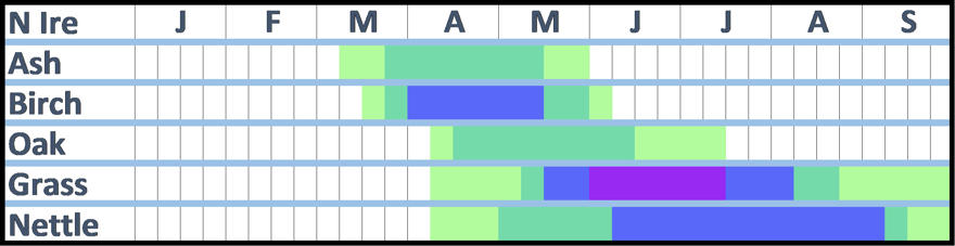 Pollen Calendar for Northern Ireland. The information contained in this image is written in the text accompanying it.