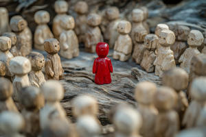 A single red wooden figure stands surrounded by numerous natural wood-colored figures on a textured surface.