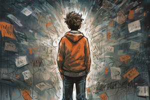 Young person in an orange hoodie stands facing a glowing wall covered with scattered papers and abstract scribbles.